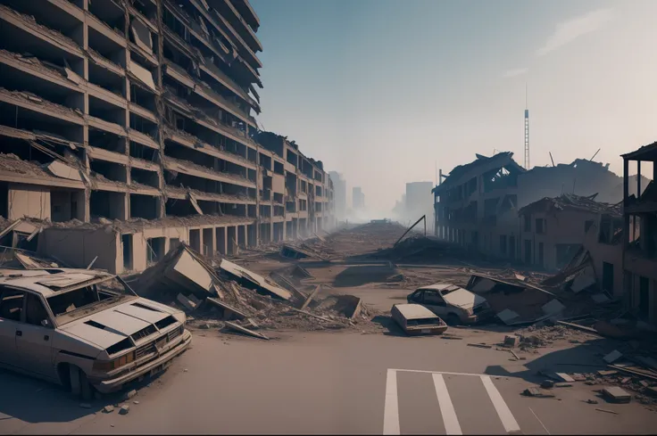 Line art,  destroyed city,Collapsed buildings， Destroyed vehicles,closeup cleavage， 废墟, com cores neutras,cinema shot,Cinema lenses，movie atmosphere， ((Masterpiece: 1.3)), 8K