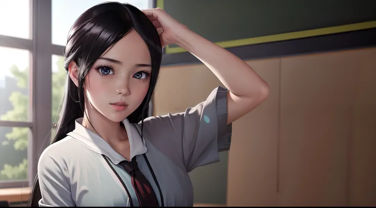 focused upper body, 1 girl, kaguya shinomiya, big bust, sparkling eyes, (((classroom background))), Colorful beautiful girl: black hair, nice perfect face with soft skinice perfect face, intricate detail, splash screen, 8k resolution, masterpiece, artstati...