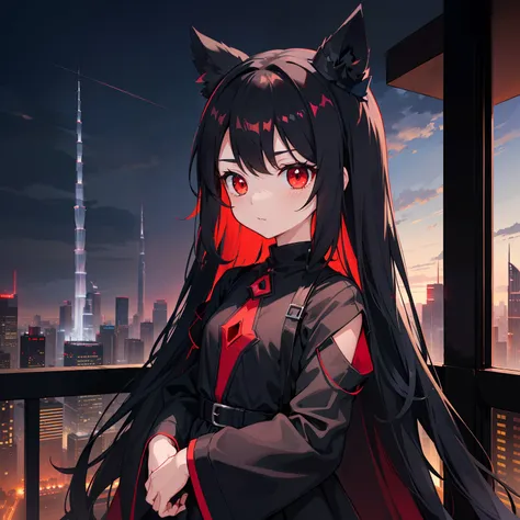 a loli with long black hair, glowing red eyes, small body, black suit, standing, Burj Khalifa scenery