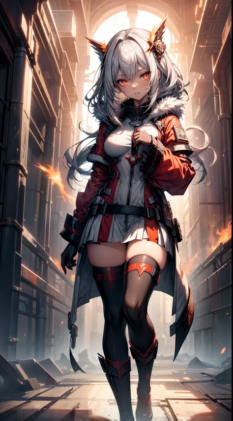 bright silver futuristic goddess girl in coverall ((bloody-red pleated skinny suit)) with (golden lines) accents (((skirt))) (((goddess robe with long sleeves))) with fireball, (crop robe), (runes on skin), epic, elite, ((lacy)), futurism, cyberpunk, silk,...