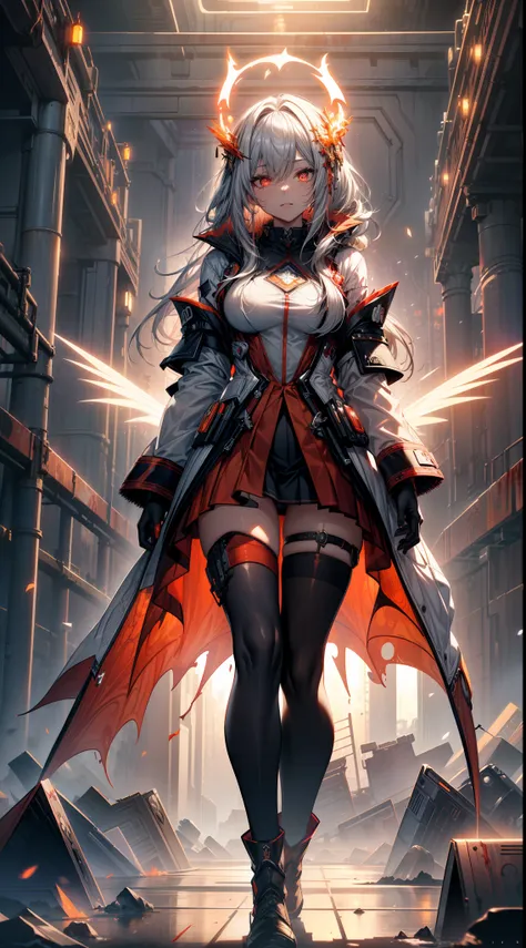 bright silver futuristic goddess girl in coverall ((bloody-red pleated skinny suit)) with (golden lines) accents (((skirt))) (((goddess robe with long sleeves))) with fireball, (crop robe), (runes on skin), epic, elite, ((lacy)), futurism, cyberpunk, silk,...