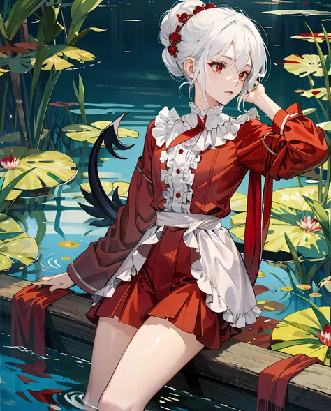 Superb masterpiece, hair up, fair skin, pajamas, white hair, girl, red eyes, thigh costume, fit, super clear, facial modification, pond background, little devil tail, shy to look at the audience