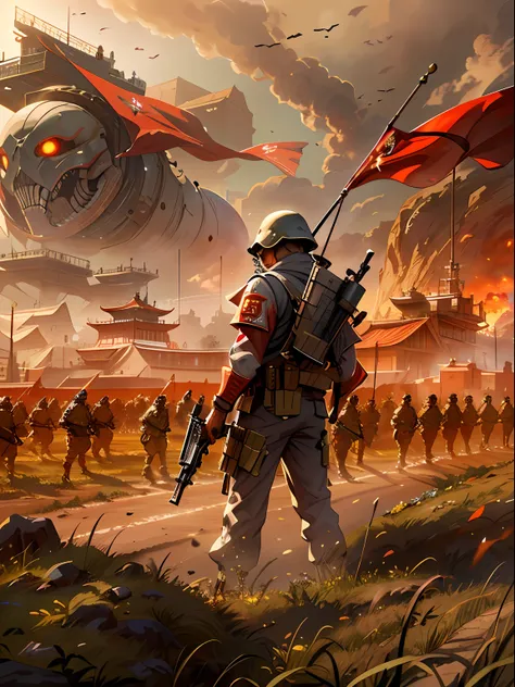 Future Battlefield, Alien Civilization War, Gunsmoke fills, A red flag was planted on a small mound, A soldier wearing Chinese armor, full armour, The background is the army of the SA, The picture is stunning, Magnificent, Magnificent, in the style of futu...