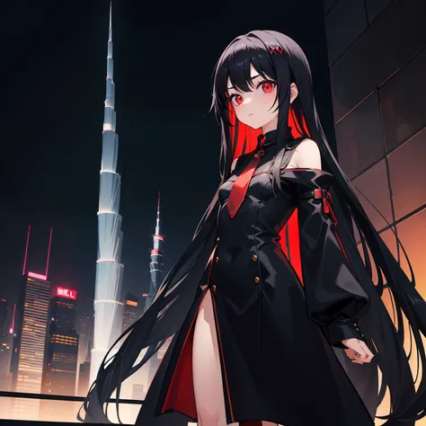 a loli with long black hair, glowing red eyes, small body, black suit, standing, Burj Khalifa scenery