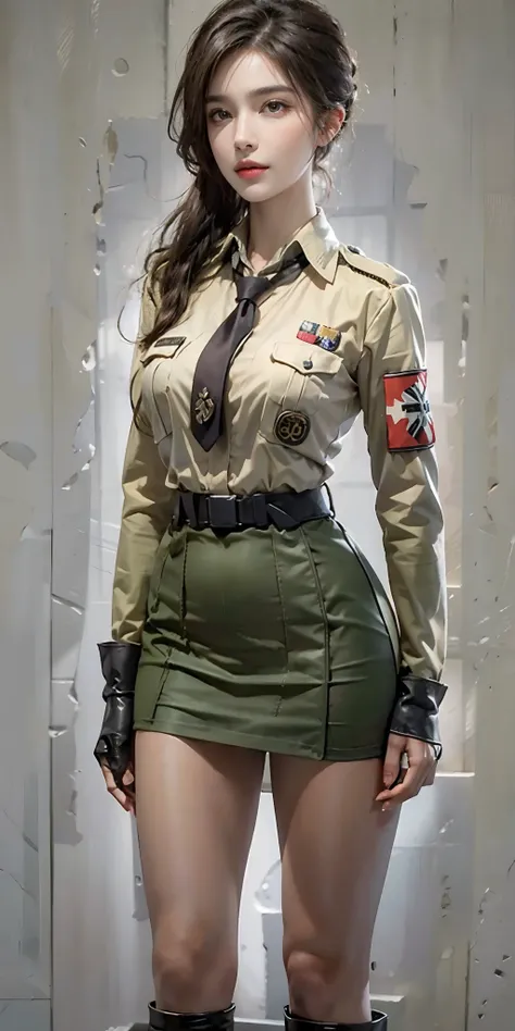 photorealistic, high resolution, soft light,1women, solo, hips up, (detailed face),tattoo, jewelry, badge, necktie, german/(military uniform/), pencil skirt