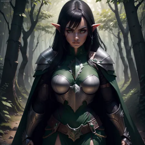 beautiful dark elf, pretty face, nice body, black hair, wearing armor, green cape, in a forest, at night, 8k, extremely detailed, ultra realistic