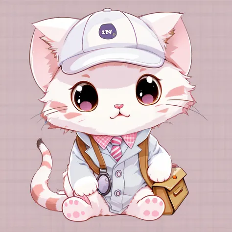 Cartoon cat sitting on table wearing hat and tie, Kawaii cat, anime cat, Cute detailed digital art, nyaruko-san, adorable digital art, Cute cat, cute character, A cute cat, anthropomorphic female cat, neko, tchibi, anthropomorphic cat, Cute cartoon charact...