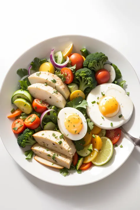 A plate of delicious vegetable salad，1:1. Composition，Simple plating，Light food、Small portions、food photography，90° top view、Top shot，Hard-boiled eggs cut in half、Emerald broccoli、Thin sliced cucumber、Thinly sliced onions、Thinly sliced carrots，Blue striped...