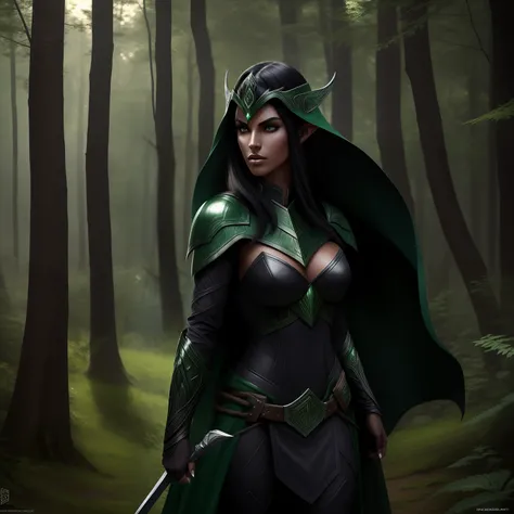 beautiful dark elf, pretty face, nice body, black hair, wearing armor, green cape, in a forest, at night, 8k, extremely detailed, ultra realistic