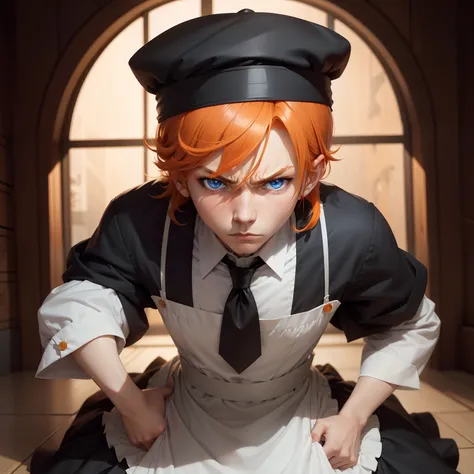 Orange hair、Blue eyes、male teen、anime styled、Tie your hair low、wearing a maid outfit、Black hat、Angry look、