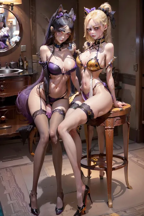 Double female，Voluptious body，shoun，Big chest，blacksilk，Beth，Delicate skin，Long yellow hair，The ends of the hair are purple，Purple eye，Bind your hands，Bullied，adolable，Incredibly sexy，small tail，full bodyesbian，big breasts exposed cleavage，At the pool，Push...