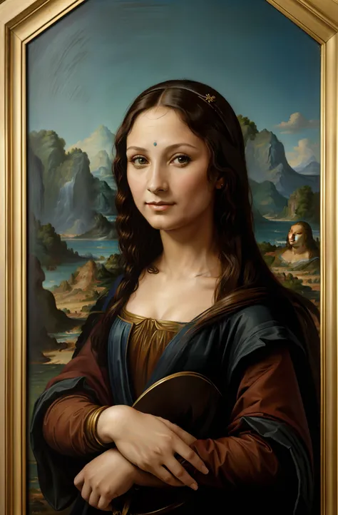 retrato de uma linda mulher, Image of a painting of a woman with one hand on her chest, pele real, pele detalhada, cabelo real, detalhe fio de cabelo, A Mona Lisa, Mona Lisa fotografia, Mona Lisa como uma pessoa real, Retrato da Mona Lisa, similar to the m...