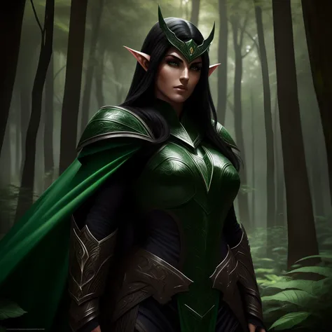 beautiful dark elf, pretty face, nice body, black hair, wearing armor, green cape, in a forest, at night, 8k, extremely detailed, ultra realistic