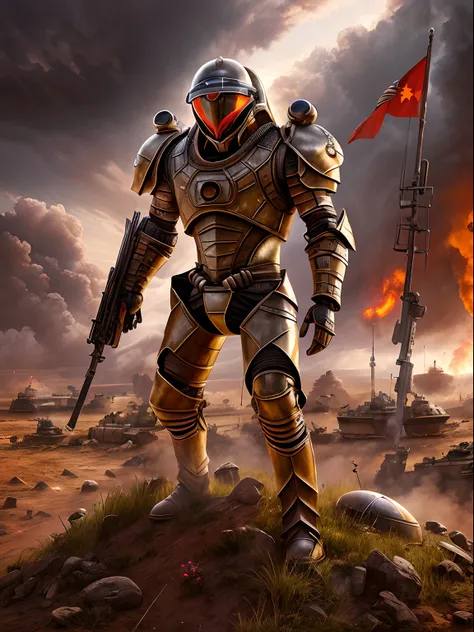 Future Battlefield, Alien Civilization War, Gunsmoke fills, A red flag was planted on a small mound, A soldier in armor, full armour, The background is the army of the SA, The picture is stunning, Magnificent, Magnificent, in the style of futuristic, Ultra...