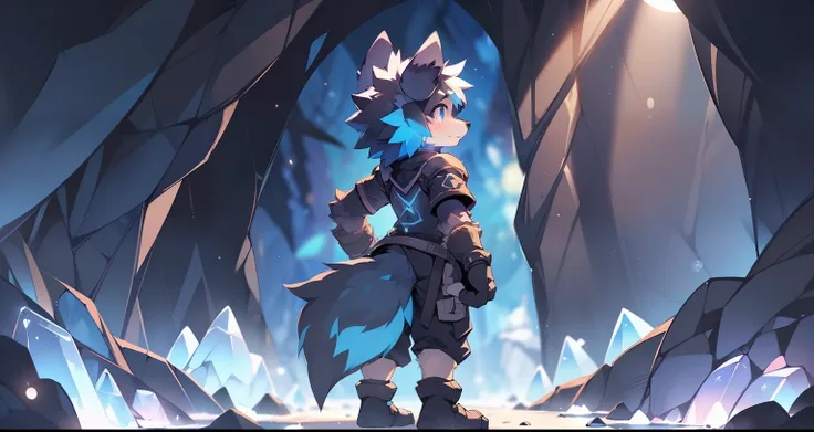 a wolf，((shota))，(((wear black fingerless gloves)))(cyanhair)，((solo person))，fluffy，((standing in a cave))，(illuminated by magi...