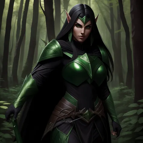 beautiful dark elf, pretty face, nice body, black hair, wearing armor, green cape, in a forest, at night, 8k, extremely detailed, ultra realistic