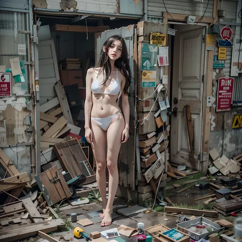 Abandoned construction sites，Dilapidated，Devastated，Sexy standing pose，Full body portrait 1.1，18 years old girls，Random white transparent small bikini 0.6，lean and slender body，As thin as a whipping post，Skinny，The barefoot，Random nudity throughout the bod...