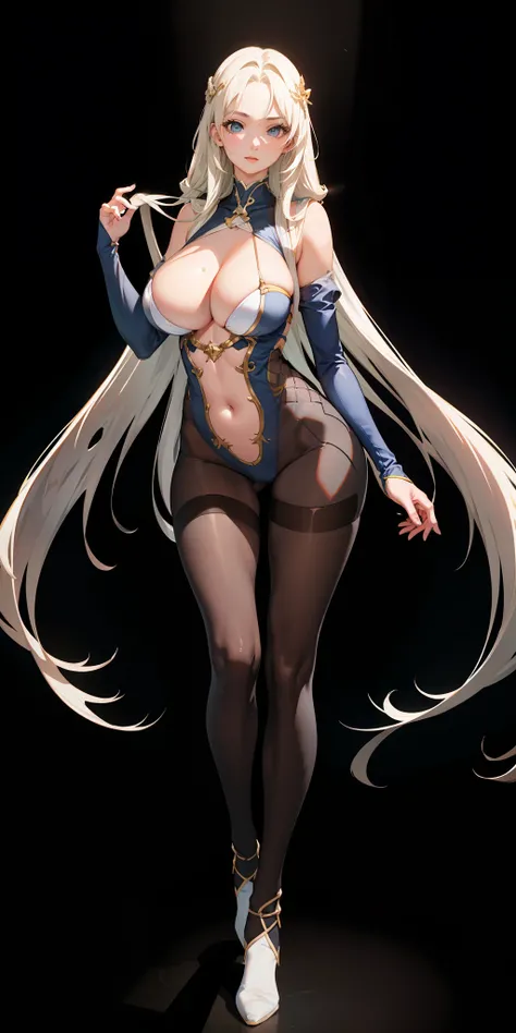 Best quality, (Photorealistic:1.2), Hyper-Resolution, long whitr hair，long leges，Ultra-realistic 8K CG，Flawless face，flawless perfection，full bodyesbian，One-piece tights，huge tit，Huge breasts，A sagging breast，long leges，Slim，being thin，tightsuit，Lower ches...