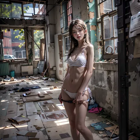 Abandoned school buildings，The light is dark，Dilapidated，Devastated，Sexy standing pose，(Full body portrait 1:1），Random white transparent bikini 0.7，18 years old girls，Slender and slender figure，Skinny，As thin as a whipping post，Smaller bust，The barefoot，Ra...