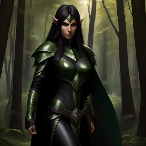 beautiful dark elf, pretty face, nice body, black hair, wearing armor, green cape, in a forest, at night, 8k, extremely detailed, ultra realistic