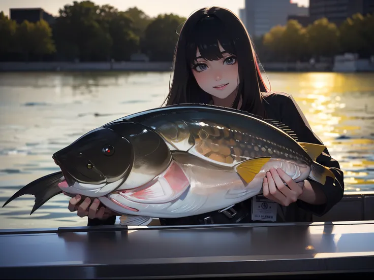 ((((Catch a big black bass by the lakeside:1.5)))),((1 Female 22 years old))((Best Quality, masterpiece :1.5)),(((Hands with the correct number and structure of fingers:1.4))),hight resolution,ultra-detailliert,​masterpiece,best qualtiy,,Black hair, long e...