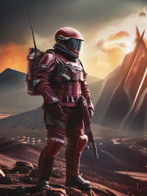 Future Battlefield, Alien Civilization War, Gunsmoke fills, A red flag was planted on a small mound, A soldier in armor, full armour, The background is the army of the SA, The picture is stunning, Magnificent, Magnificent, in the style of futuristic, Ultra...