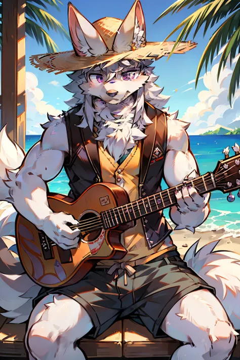 solo person，shaggy male，hairy bodies，shoun，coyote，canid，Gray fur，long  white hair，The ends of the hair are purple，Purple eye，Bullied，adolable，Handsome，large tail，full bodyesbian，Play acoustic guitar，Summer vest，Summer shorts，Straw Hat Hat，freshen，rays of s...