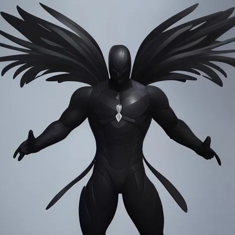 a black (noir) faceless humanoid male with giant wings, semi naked, muscular, in a colorful garden, garden background, horror entity with wings, male aeromorph, symmetrical epic dark fantasy creature, huge wings, wispy gigantic wings, dark feathered wings,...