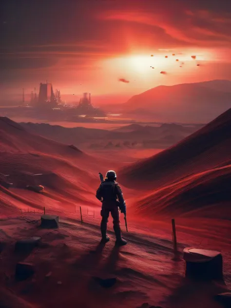 Future Battlefield, Alien Civilization War, Gunsmoke fills, A red flag was planted on a small mound, A soldier in armor, full armour, The background is the army of the SA, The picture is stunning, Magnificent, Magnificent, in the style of futuristic, Ultra...