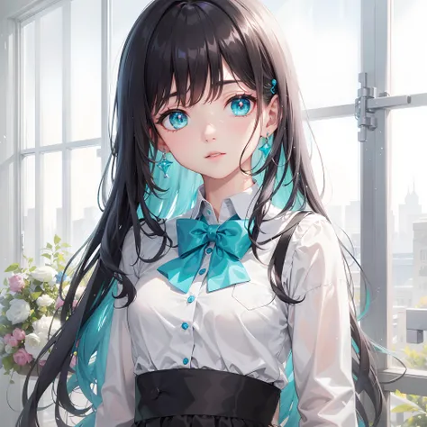 tmasterpiece，Best quality at best，the Extremely Detailed CG Unity 8K Wallpapers，In the daytime， White skin of the，long eyelasher, Long hair and waist，Pitch-black hair, Gradient hair, The ends of the hair are blue-green，Turquoise eyes，hair straight, White s...