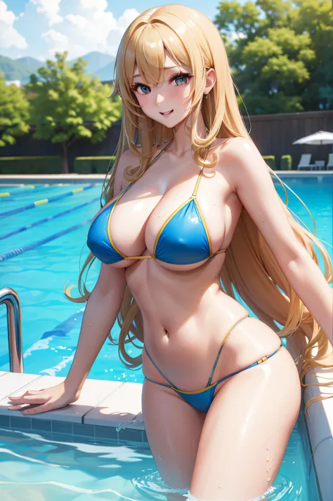 A hyper-realistic、8K, Big Tits, blond, Long hair, A sexy, High quality,、swimming pools、The bikini、耳Nipple Ring、Curly hair