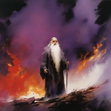 dufkova,  2d, lineart,
1 old wizard with long grey beard casting magic, firestorm, fire hydras, fantasy, high contrast, ink strokes, explosions, over exposure, purple and red tone impression , abstract, ((watercolor painting by John Berkey and Jeremy Mann ...