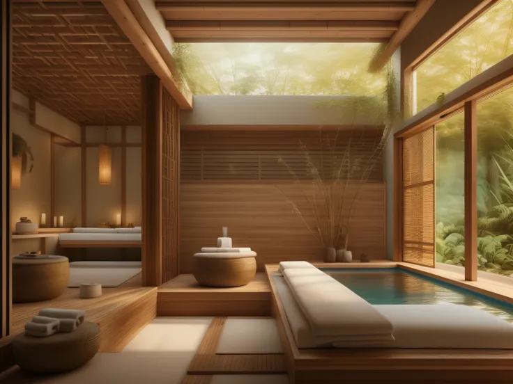 Tranquil Single Spa Treatment Room. Contemporary, Wabi-sabi style, Ambient Lighting, Plush Furnishings. Serene Atmosphere, with realistic bamboo forest views. Modern Lattice. Stucco Textured walls. Exposed wood beams , chinese roof. Sunken Onsen Pool. Natu...