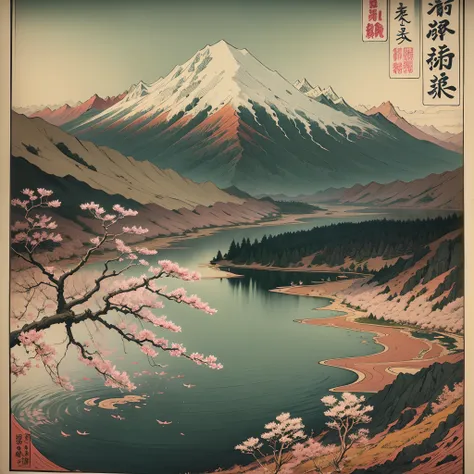 Utagawa Hiroshige style, amazing place, no humans, with water, montains, intrincate details,sakuras, --auto --s2