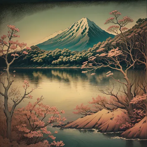 Utagawa Hiroshige style, amazing place, no humans, with water, montains, intrincate details,sakuras, --auto --s2