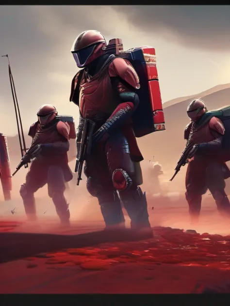 Future Battlefield，Alien Civilization War，Gunsmoke fills，A small mound，A red flag is planted on it，A soldier in armor，full armour，The background is the army of the SA，The picture is stunning，Magnificent，Magnificent，in the style of futuristic，No bad picture...