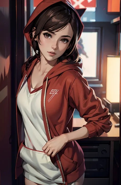 here is a woman standing in a bedroom, realistic anime 3 d style, smooth anime cg art, artgerm and atey ghailan, cyberpunk anime girl in red hoodie, digital anime illustration, artwork in the style of guweiz, photorealistic anime girl render, painted in an...