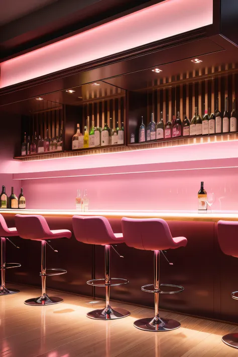 Live view of the bar，With wine cooler for products，The color tone is small and fresh，Suitable for female users，The scene color is pink。