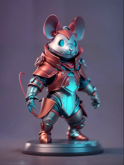 (Blind box toy style:1.3),((Full body shot))(anthropomorphism) , (1 strong mouse metal warrior)(((solo))) metal armor,dreamy glow, Clean dark background,Red cyan style，(circular base）( Global illumination, Ray tracing, hdr, unreal render,reasonable design,...