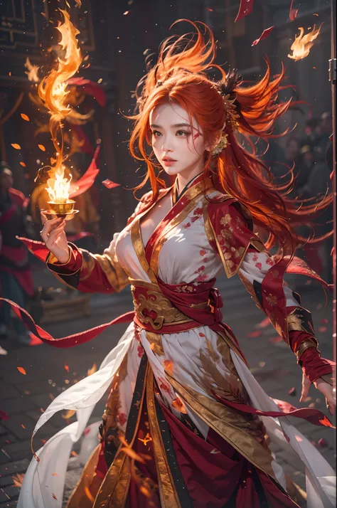 1girll，Flame mage dressed in fiery red（Chinese Hanfu），The robe was embroidered with intricate runes and ornaments，Exudes a burning breath。He was tall and strong，Hands up，Powerful fire spells are being unleashed。His eyes were firm and sharp，A flash of fire ...