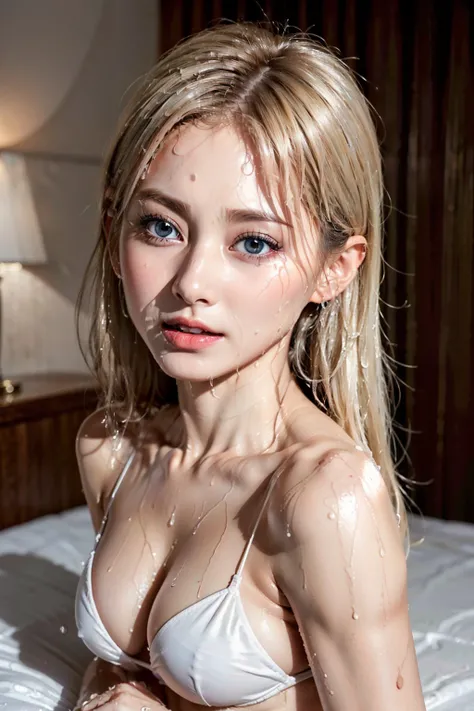 8k, RAW photos, (highly detailed skin: 1.2), (exposure: 1.1), (exposed back: 1.5), (exposed shoulders: 1.1), (exposed crotch: 1.5), (top-down view: 1.5), ((beauty in white silk string micro bikini in hotel bed)), photo, masterpiece, top quality, slender gi...