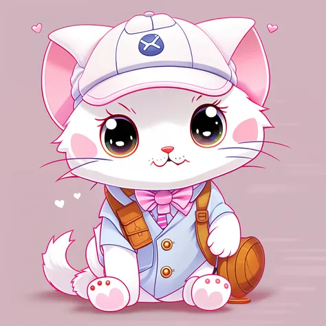 Cartoon cat sitting on the ground wearing a hat and tie, Kawaii cat, Cute detailed digital art, anime cat, adorable digital art, Cute cat, lovely digital painting, cute character, Pisif, anime visual of a cute cat, A cute cat, world boss kitten, Cute carto...