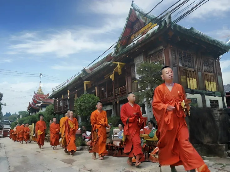 many monks marched through the street in front of the building., buddhist monk, laos, traditional, monk clothes, temples and tao...