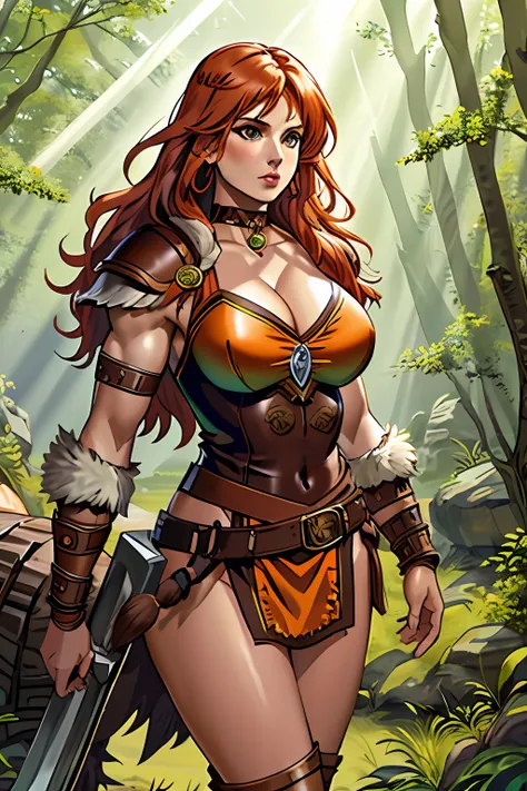 barbarian, amazon goddess, sexy armor, vivid colorful hair, pale skin, breasts, barbarian leather armor, choker minidress, savage power, light rays, god rays, furry armor, Jurassic, forest, leaves, muscular, bodybuilder, realistic