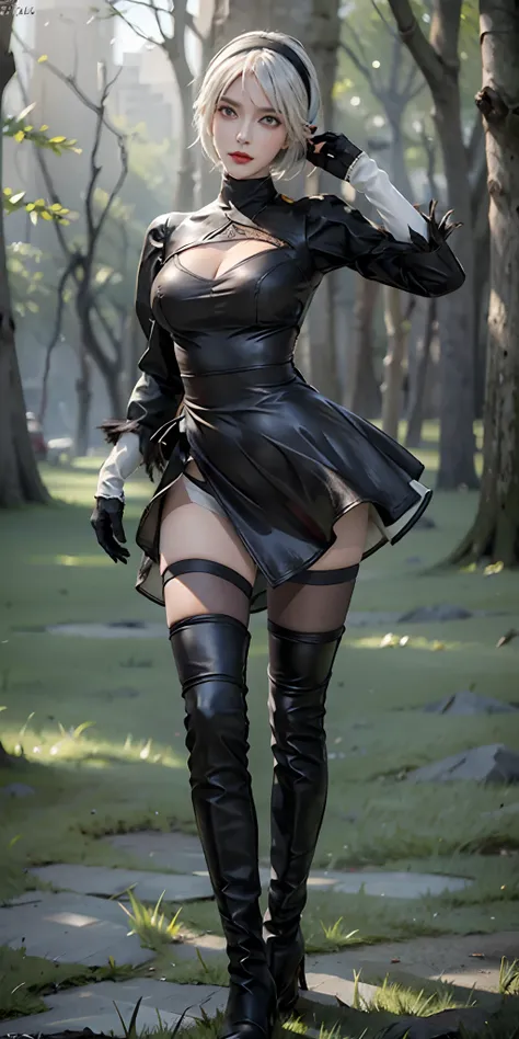 photorealistic, high resolution, soft light,1women, solo, hips up, (detailed face),tattoo, jewelry, yorha no. 2 type b, black dress, black hairband, boots, dress, feather-trimmed sleeves, feather trim, gloves, grass, hairband, high heel boots, high heels, ...