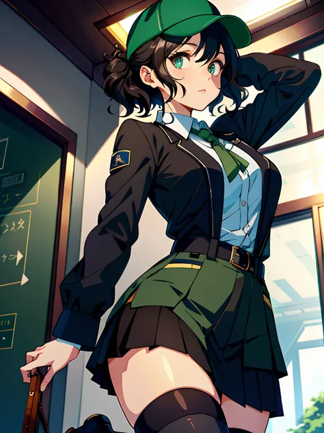 Perfect anime illustration, 1girll, Black hair, Curly hair, matching hairstyle, blackigeyes, inquisitive，curiosity，Pleasure, ((matching outfits, Light green transparent student uniform shirt，Uniform skirt，Dark brown detective style coat，Leather booties)), ...