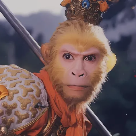 Close-up of a monkey wearing a crown，Monkey King Sun Wukong，Fantasy race humanoid monkey，Journey to the West, Kong Lingling，Bored ape NFTs，Monkey face portrait，Best quality at best，Ridiculous resolution，smoll，shigure