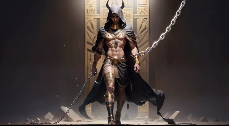 Full body of a Brown skinned Egyptian Half demon male With black hair and silver eyes with no head or ornaments, with chain around his neck that extends his right arm and wearing Egyptian clothing with a hood