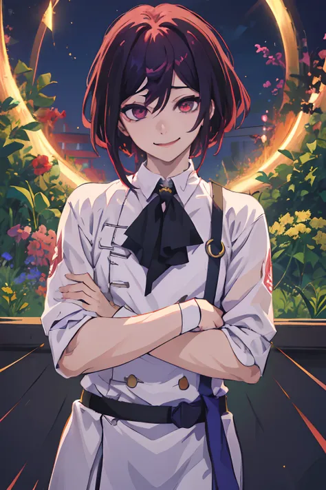 (Masterpiece, Best Quality:1.2), Cowboy shot, 独奏, male focus, 1boy, Own kokichi, grin, looking a viewer, crossed arms, Demon Slayer Uniform, schizophrenia, Creepy abstraction in the background