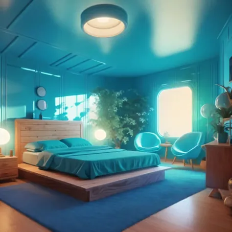 retrofuturism interior design,
 glossy cerulean color scheme
, 
 
Bedroom - A cozy and comfortable room that features a queen-sized bed with a luxurious comforter and fluffy pillows. The walls are painted a warm and inviting color, while soft lighting crea...